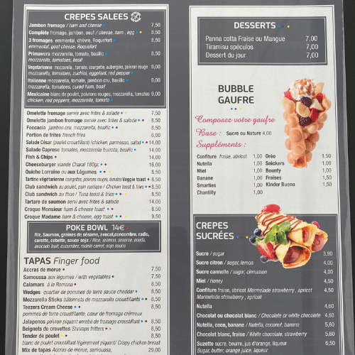 carte de restaurant